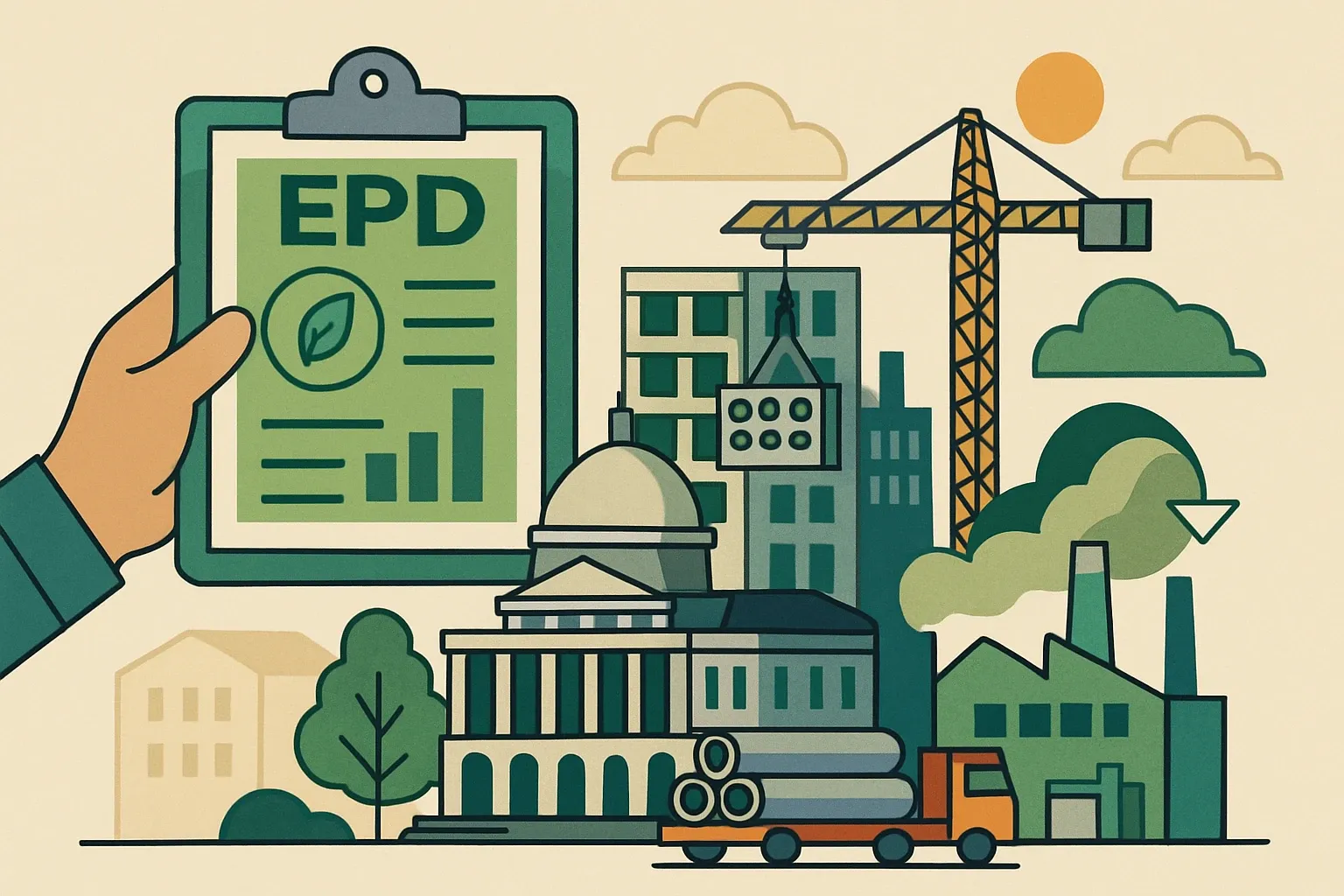 Generate an illustration for an article following this concept:

Executive Order 594: EPDs Move From Nice to Need
Massachusetts’ Executive Order 594 quietly rewired state construction. It sets hard emissions targets for government operations and tells project teams to cut embodied carbon in materials. Translation for manufacturers selling into state projects: Environmental Product Declarations move from marketing PDF to spec-critical proof. The opportunity is large, the timelines are real, and the fastest path is having plant‑specific data ready before bids land.

Ensure that you use no text, as this illustration will be used on international translations of the article..

Use an illustrative style (e.g. isometic) and don't generate in a photorealistic style.