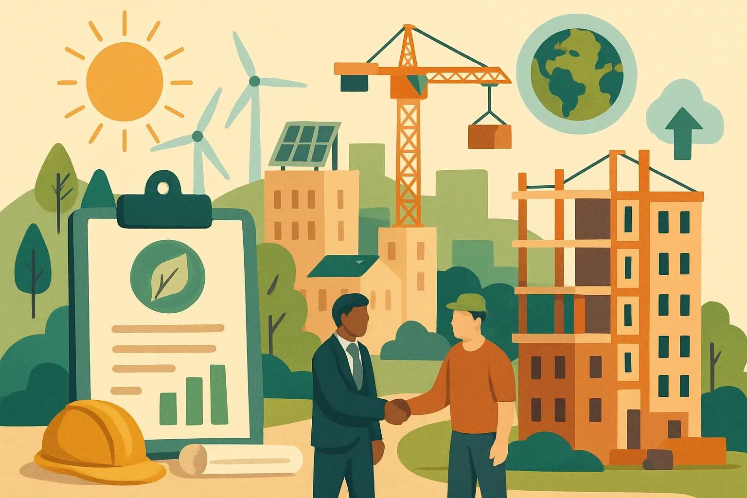 Generate an illustration for an article following this concept:

San Antonio Climate Ready, EPDs, and your next bid
San Antonio’s Climate Ready plan is being updated in August 2025. That puts new attention on both operational and embodied carbon in city work, and primes in the region will follow suit. If your products land on public projects, EPDs move from nice‑to‑have to table stakes, fast. Here is what matters, and how to prepare without slowing the business down. 

Ensure that you use no text, as this illustration will be used on international translations of the article..

Use an illustrative style (e.g. isometic) and don't generate in a photorealistic style.