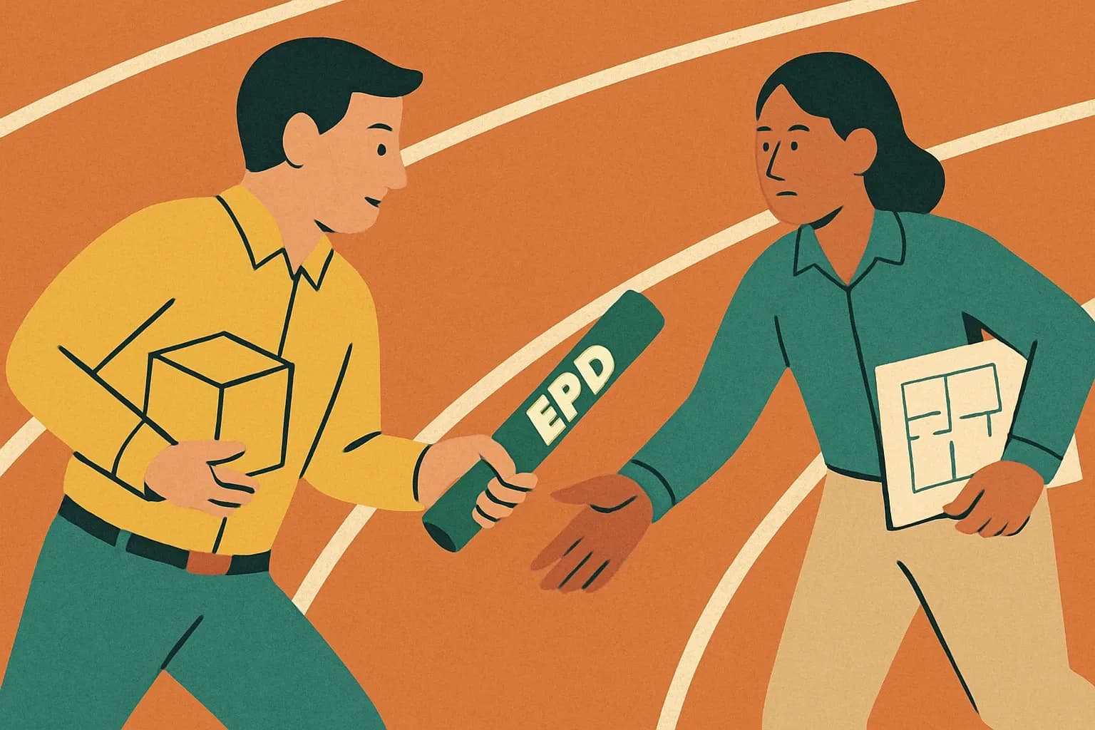 Designers passing a baton labeled “EPD” in a relay race, showing collaboration from manufacturer to assessor.