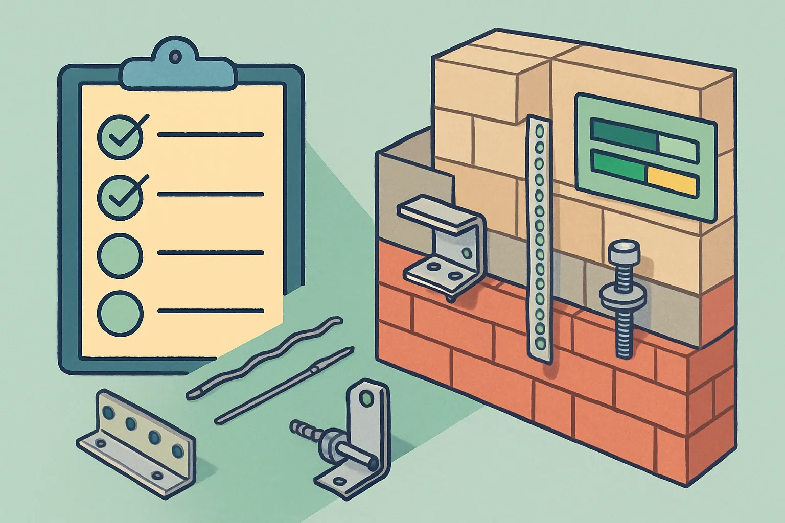Generate an illustration for an article following this concept:

Ancon, at a glance: products and EPD coverage
Ancon sits inside Leviat’s portfolio and shows up on countless brick and block façades. If your teams sell masonry support, wall ties, windposts or fixings, knowing where Ancon already has EPDs, and where gaps remain, can mean the difference between getting written into a spec or quietly swapped out.

Ensure that you use no text, as this illustration will be used on international translations of the article..

Use an illustrative style (e.g. isometic) and don't generate in a photorealistic style.