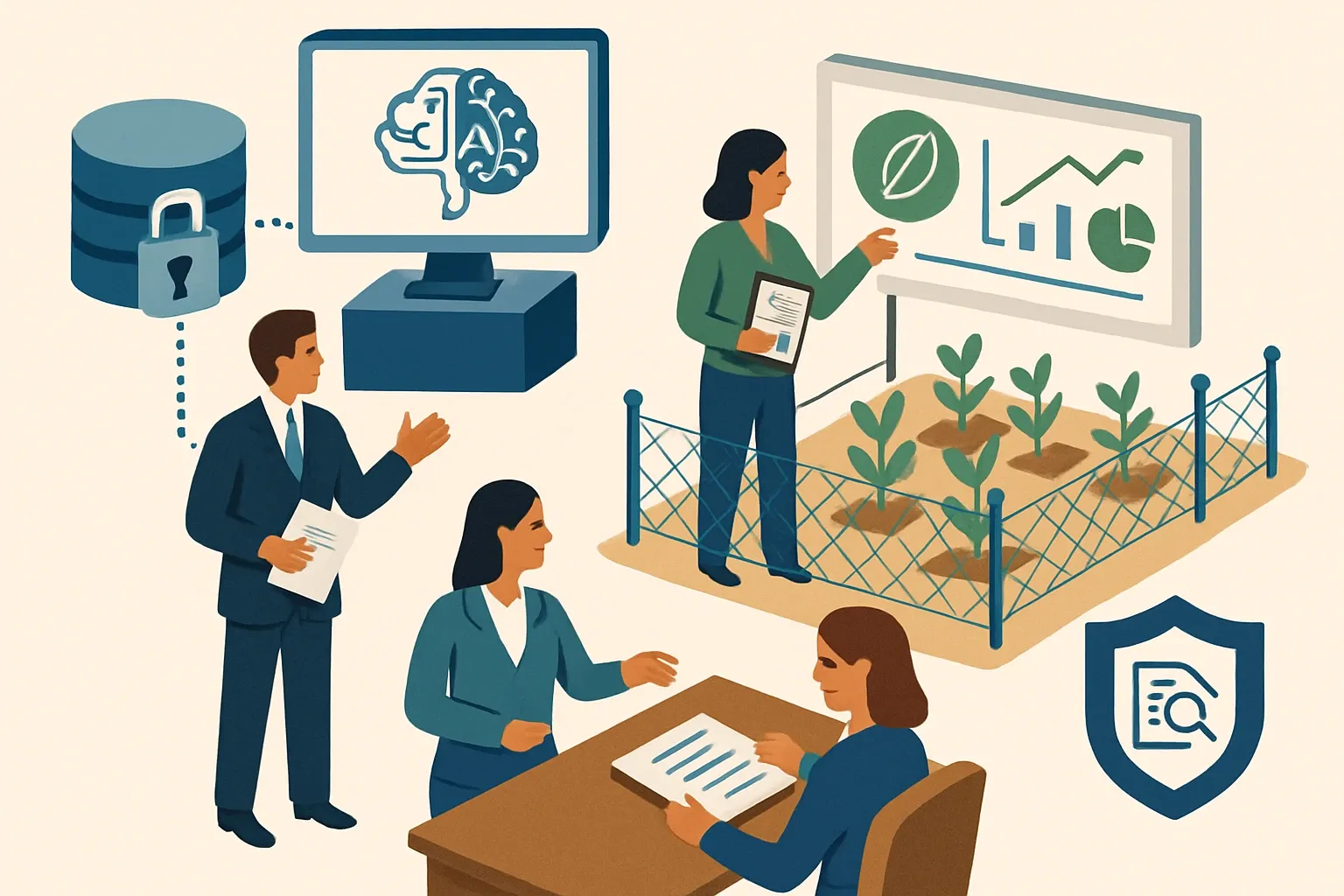 Generate an illustration for an article following this concept:

Governance for AI environmental data that sells
Centralized product and environmental data is only useful if the right people can use the right slice at the right time. Good governence separates sensitive plant data from buyer‑ready claims, keeps hallucinations out of the field, and gives legal a clear line of sight into how every number was produced.

Ensure that you use no text, as this illustration will be used on international translations of the article..

Use an illustrative style (e.g. isometic) and don't generate in a photorealistic style.