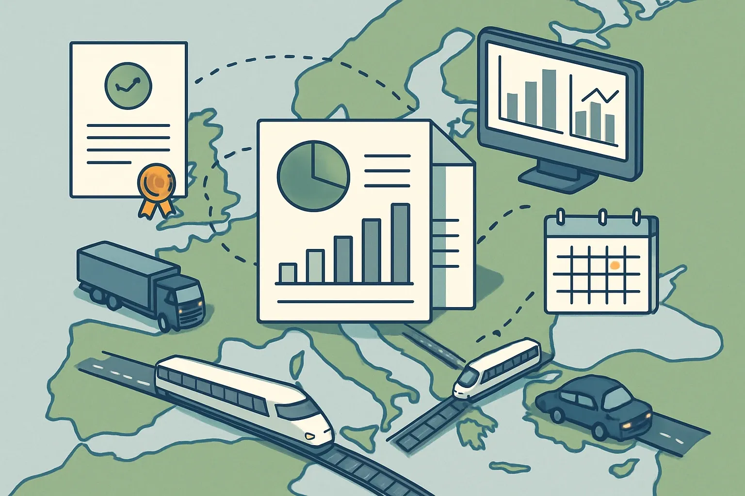 Generate an illustration for an article following this concept:

EPDs for Transportation Infrastructure in Europe: A Data Guide
Planning an EPD for roads, rail or civil works? Here is the 2026 snapshot manufacturers ask for: who is publishing, which program operators and PCRs dominate, and when renewals hit so you can plan with confidence.

Ensure that you use no text, as this illustration will be used on international translations of the article..

Use an illustrative style (e.g. isometic) and don't generate in a photorealistic style.