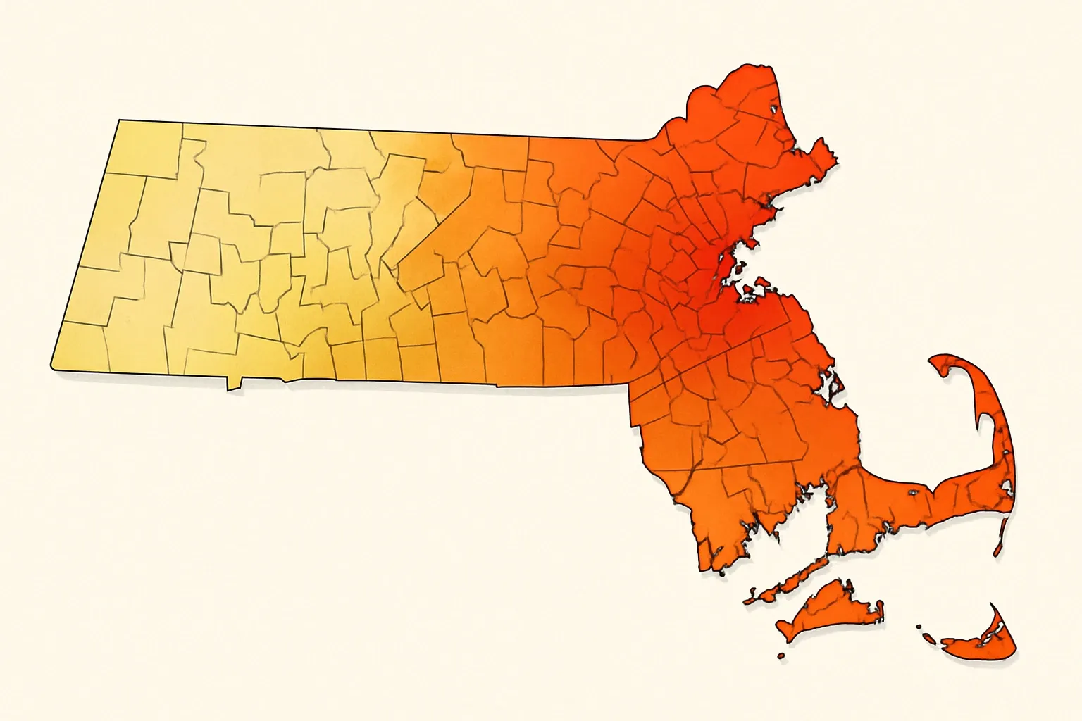 Outline map of Massachusetts shaded to show where Base, Stretch, and Specialized codes apply, with hot colors clustering.
