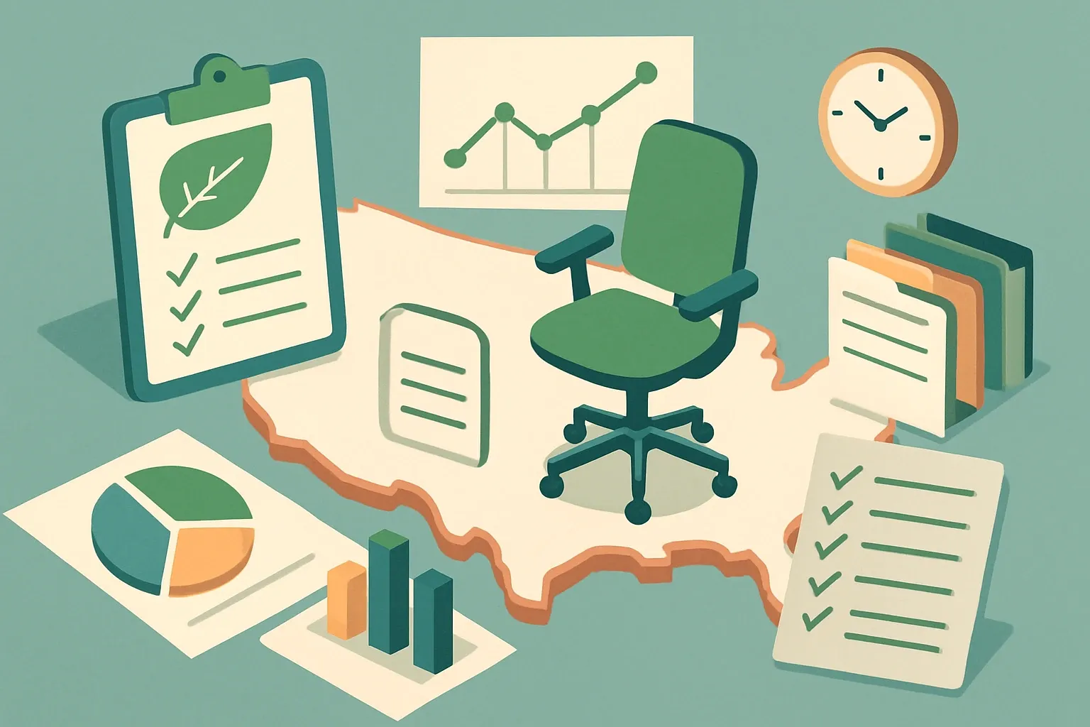 Generate an illustration for an article following this concept:

EPDs for Chairs in the United States
Planning chair, seating, or office chair EPDs in 2026? Here is the definitive snapshot for the United States, built from the public registry most specifiers rely on. The category counts 74 current EPDs across 8 manufacturers, handled by 3 program operators, with the latest issued on Jul 16 2025. Use this to benchmark where you stand and where to invest next.

Ensure that you use no text, as this illustration will be used on international translations of the article..

Use an illustrative style (e.g. isometic) and don't generate in a photorealistic style.