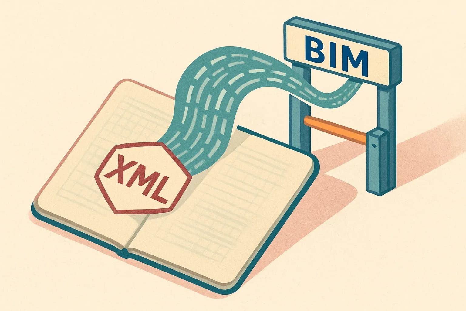 An open passport with one XML tag stamped into it, with a stream of data coming out of it and smoothly going through a open customs gate labelled "BIM".