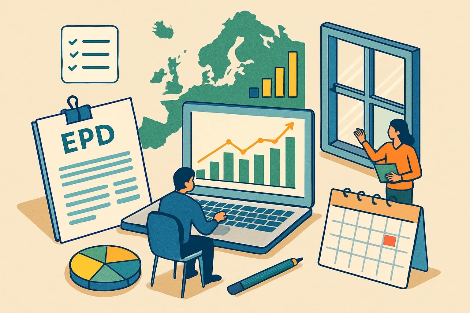 Generate an illustration for an article following this concept:

Windows EPDs in Europe: the ultimate data guide
Planning an EPD for your window, fenestration, or window‑and‑door system in 2026? Here is the most complete, current snapshot of who is publishing, which rules they use, and when renewals are coming due in Europe. All figures reflect the public EPD registry architects and specifiers rely on, as of Jan 16, 2026.

Ensure that you use no text, as this illustration will be used on international translations of the article..

Use an illustrative style (e.g. isometic) and don't generate in a photorealistic style.