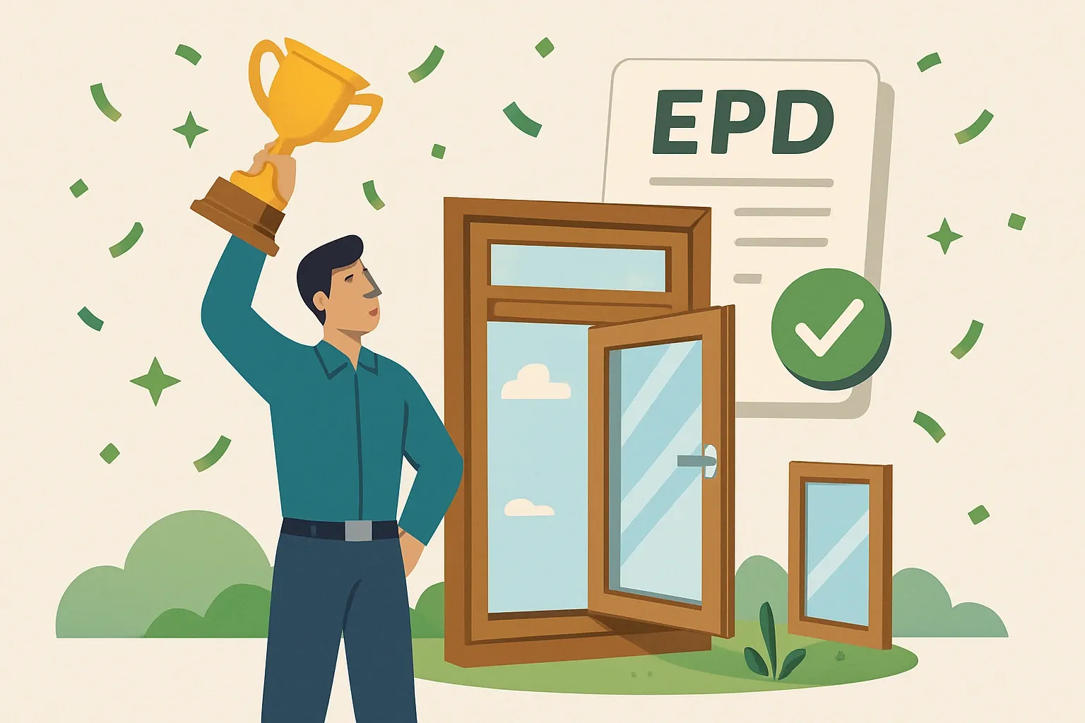 Generate an illustration for an article following this concept:

Congratulations, ARLANGA Wood’s first EPD is live
Lithuania’s UAB "ARLANGA wood" just entered the transparency arena with its first Environmental Product Declaration, a side‑hung wooden window model published in April 2025. That single move puts the brand into more specs where window EPDs are a gatekeeper rather than a nice‑to‑have, especially across EU and Nordics procurement. It also sets a practical template to expand coverage across their door and window families next.

Ensure that you use no text, as this illustration will be used on international translations of the article..

Use an illustrative style (e.g. isometic) and don't generate in a photorealistic style.