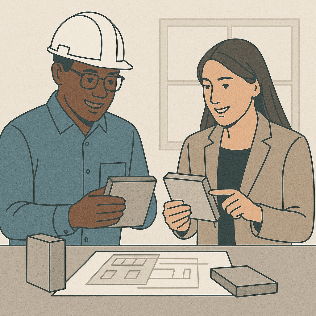 Architect and engineer reviewing building material samples