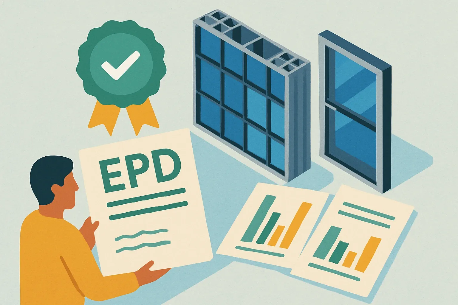 Generate an illustration for an article following this concept:

Congrats, Senior Architectural’s first‑ever EPDs are live
Senior Architectural just put verified numbers behind its flagship aluminium systems. That matters where curtain walls, windows, and doors win or lose on submittals with product‑specific EPDs. Here’s what launched, who verified it, and how this debut shifts competitive math in bids and specs.

Ensure that you use no text, as this illustration will be used on international translations of the article..

Use an illustrative style (e.g. isometic) and don't generate in a photorealistic style.