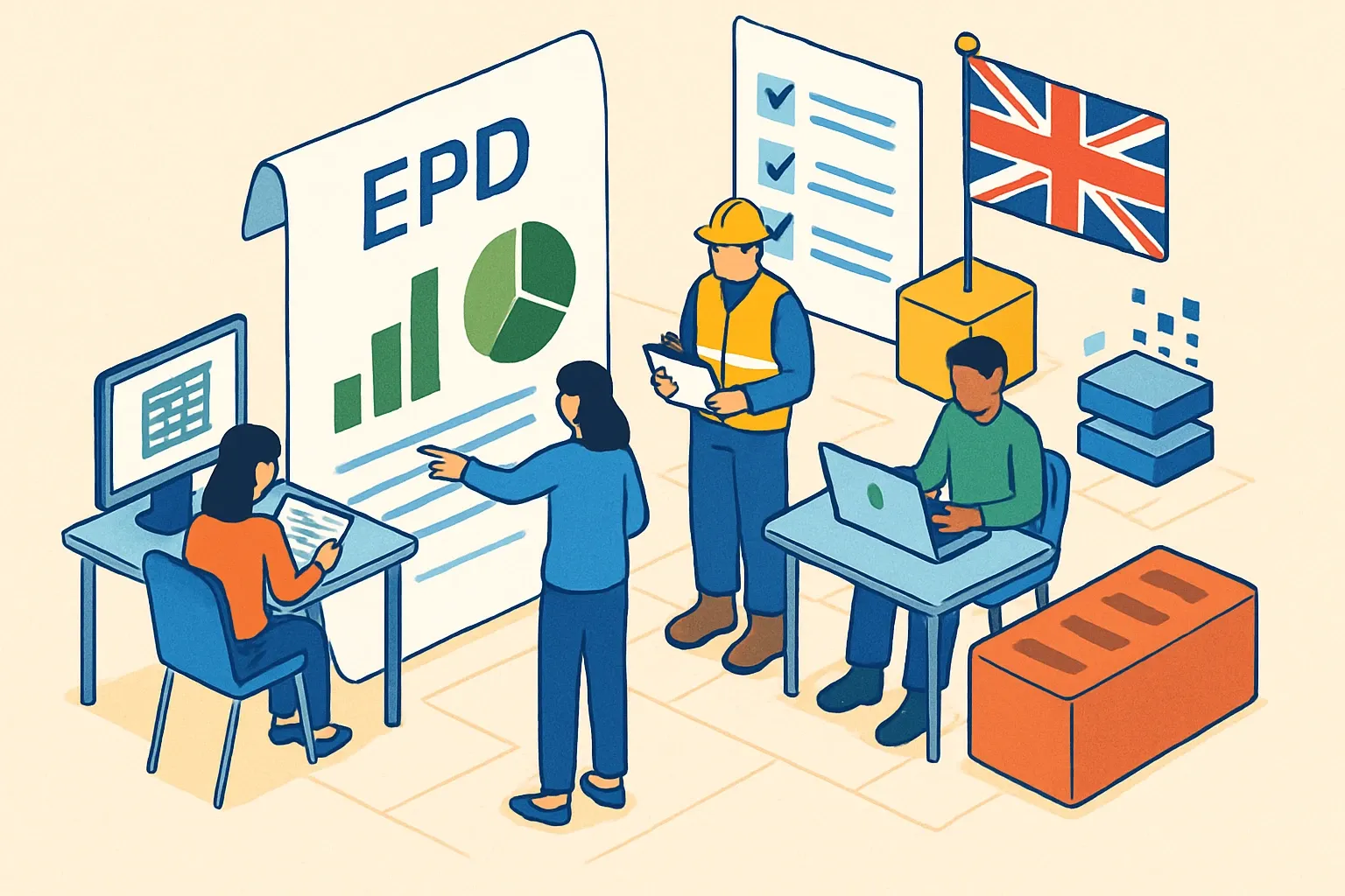 Generate an illustration for an article following this concept:

UK Construction Products Reform: What EPD Teams Should Do Now
The UK has opened a 12‑week consultation on a Construction Products Reform White Paper. It is not law yet, but it clearly points to tighter product information and stronger evidence behind claims. If your products sell into the UK, expect increased scrutiny of environmental performance data and a push toward digital product records. The teams that prepare now will win time later, especially when specs ask for comparable, third‑party verified numbers rather than marketing copy.

Ensure that you use no text, as this illustration will be used on international translations of the article..

Use an illustrative style (e.g. isometic) and don't generate in a photorealistic style.