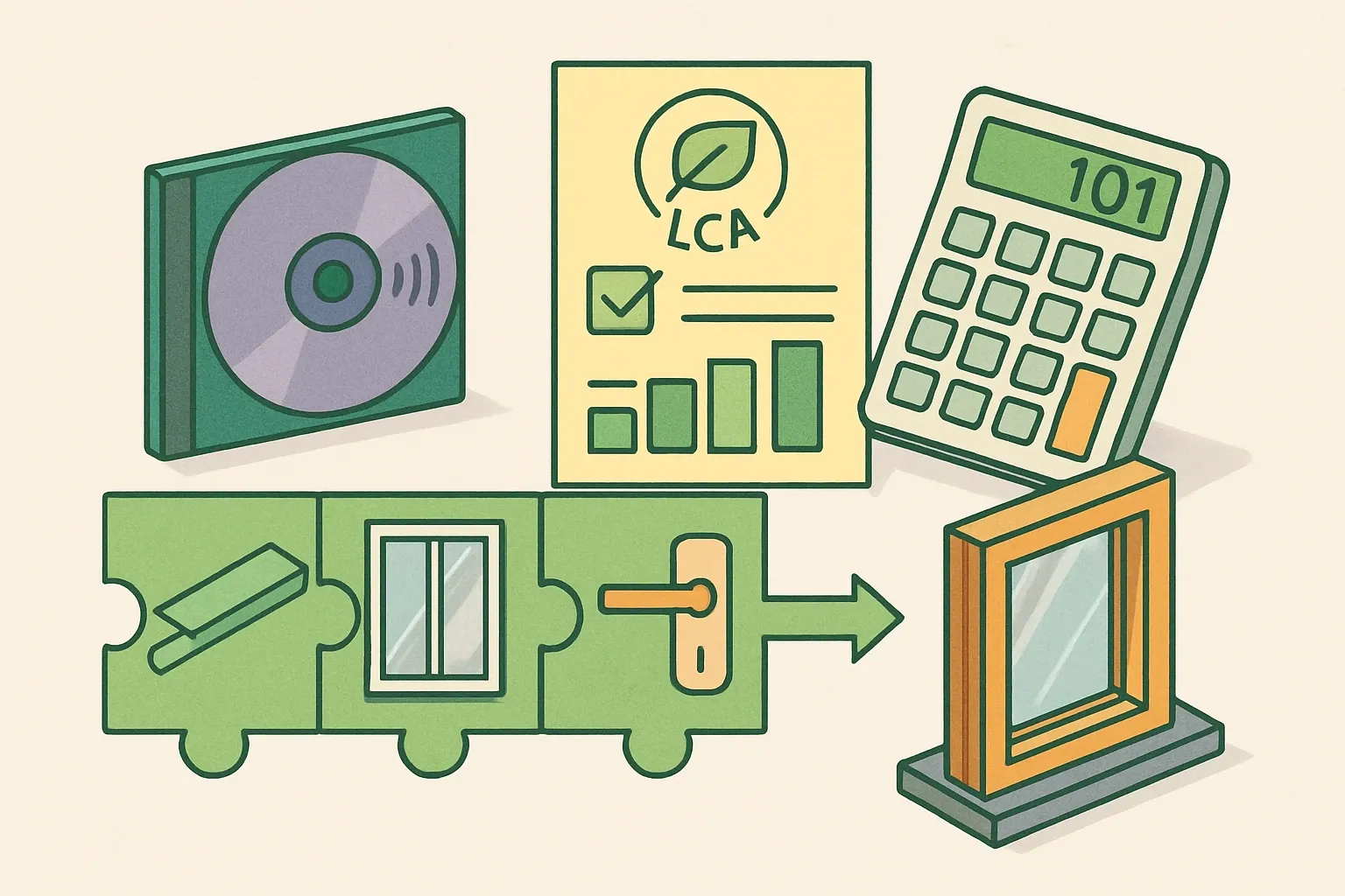Generate an illustration for an article following this concept:

Project‑Specific LCAs from a Verified Declared Unit
If a product family behaves like a build‑your‑own playlist, a single static EPD can feel like a greatest‑hits CD. Configurable systems need numbers that flex for species, glazing stacks, dimensions, and hardware. Here is how teams use one third‑party‑verified declared unit and a locked LCA model to power fast, project‑specific results without confusing buyers or auditors.

Ensure that you use no text, as this illustration will be used on international translations of the article..

Use an illustrative style (e.g. isometic) and don't generate in a photorealistic style.