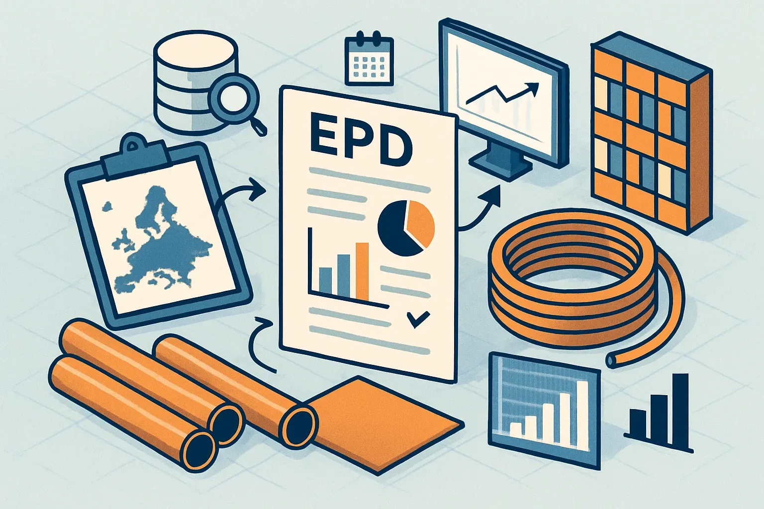 Generate an illustration for an article following this concept:

EPDs for Copper in Europe: the ultimate data guide
Planning a copper EPD in Europe can feel like rewiring a live panel. Here is the 2026 landscape in plain English, with the hard numbers that matter for specs and sales. We analyzed the public registry most architects use to tally who is publishing, which PCRs they follow, where renewals are looming, and which program operators copper tube, pipe, sheet and façade brands actually pick.

Ensure that you use no text, as this illustration will be used on international translations of the article..

Use an illustrative style (e.g. isometic) and don't generate in a photorealistic style.