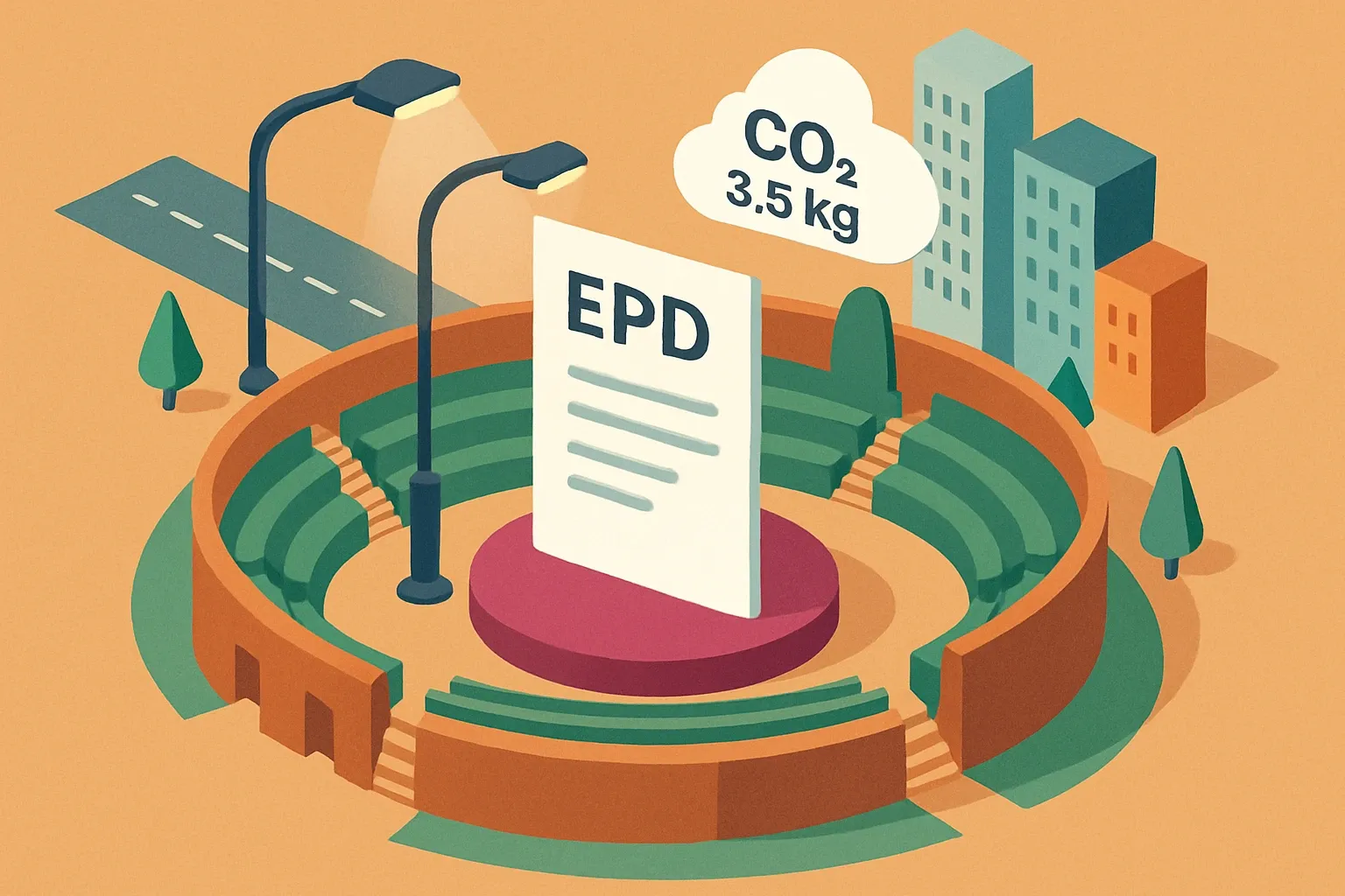 Generate an illustration for an article following this concept:

Varmforzinkning’s first EPD goes live. Welcome to the arena.
Street and area lighting specs keep asking for product‑specific carbon data. Varmforzinkning just put a verified number on the board, which means buyers can now point to a declaration instead of a guess. Here is what launched, who it helps, and how this shifts the competitive math.

Ensure that you use no text, as this illustration will be used on international translations of the article..

Use an illustrative style (e.g. isometic) and don't generate in a photorealistic style.