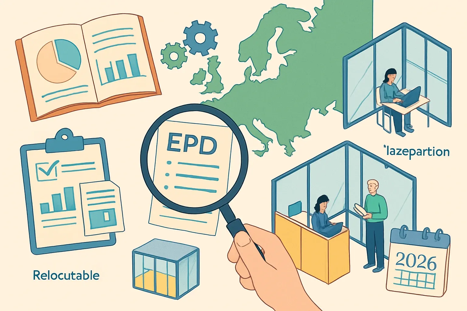 Generate an illustration for an article following this concept:

Demountable Partition EPDs in Europe: The Ultimate Guide
Planning an EPD for demountable partitions in 2026 and want the full picture before you commit time and budget? This data-backed scan of the European landscape covers who is publishing, which program operators and PCRs they rely on, when renewals will hit, and how to position your product. We also use common terms manufacturers search for, like relocatable or modular office partitions and glazed partitions.

Ensure that you use no text, as this illustration will be used on international translations of the article..

Use an illustrative style (e.g. isometic) and don't generate in a photorealistic style.