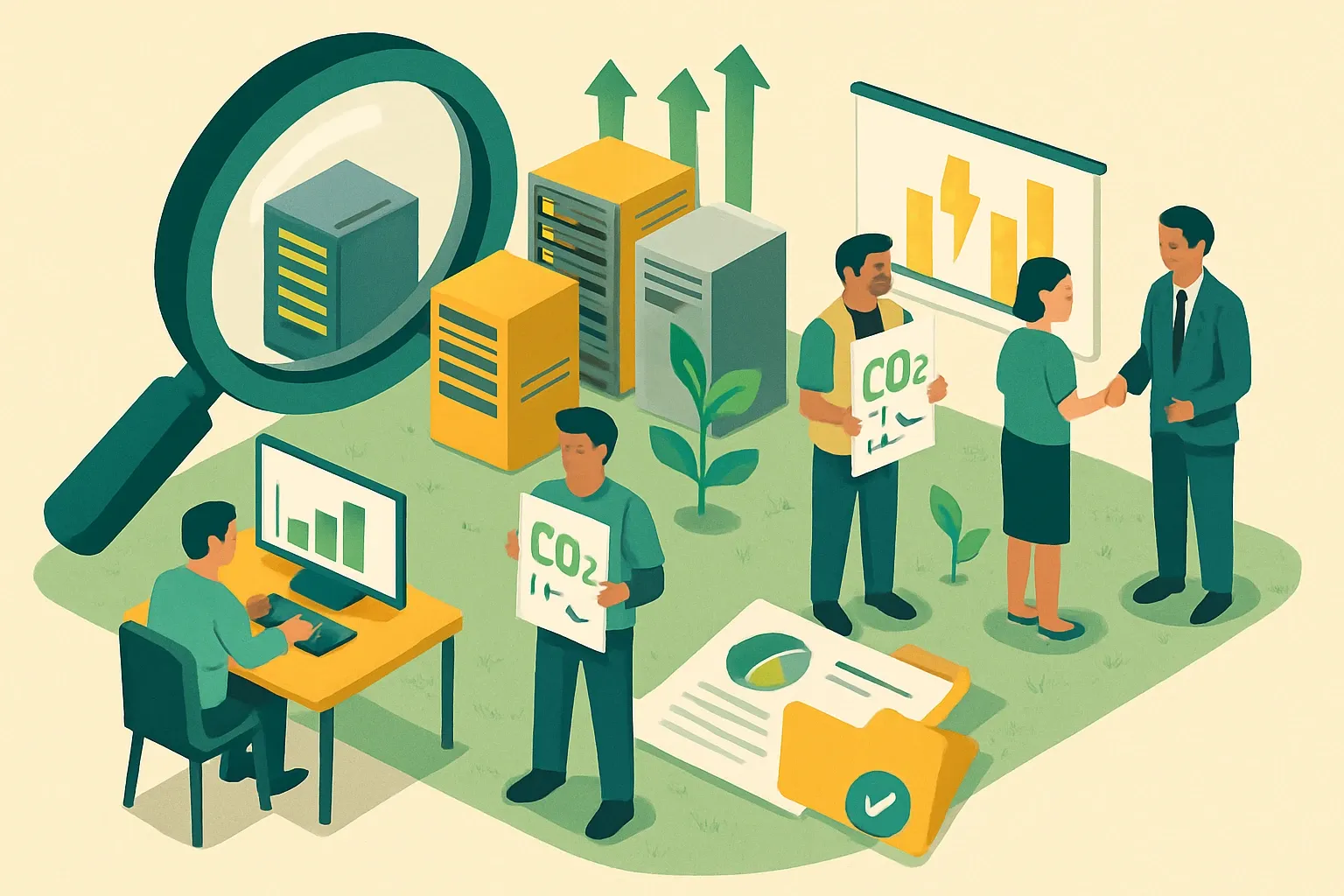 Generate an illustration for an article following this concept:

Win Hyperscaler Deals with EPDs and LCAs
Data‑center buyers are under the microscope on carbon and speed. Electricity demand from data centers is projected to more than double by 2030, which puts sustainability teams and procurement on the hook for credible, verifiable numbers they can use in design and supplier selection (IEA, 2025). If your EPDs and LCAs live only in compliance folders, revenue is being left on the table.

Ensure that you use no text, as this illustration will be used on international translations of the article..

Use an illustrative style (e.g. isometic) and don't generate in a photorealistic style.