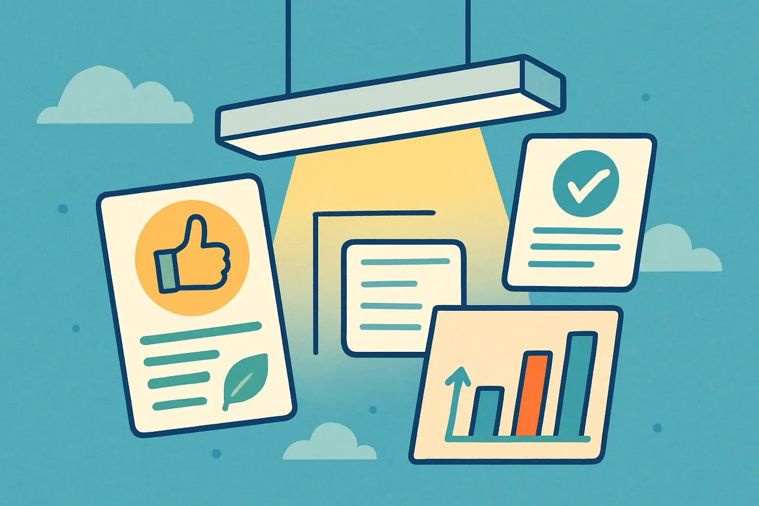 Generate an illustration for an article following this concept:

Congrats M‑Light, your first EPDs are live
M‑Light just flipped on the lights in the transparency arena. Their debut Environmental Product Declaration covers a flagship luminaire family, putting verified data behind a workhorse fixture category that shows up in schools, transit, and everyday public interiors. This is what they published, who verified it, and how the move lands against the closest competitors in lighting.

Ensure that you use no text, as this illustration will be used on international translations of the article..

Use an illustrative style (e.g. isometic) and don't generate in a photorealistic style.