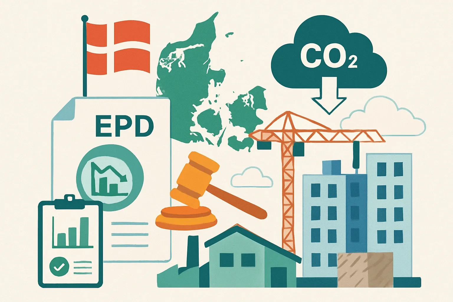 Generate an illustration for an article following this concept:

BR18 in Denmark: the EPD play manufacturers need
Selling into Denmark just got more exacting. BR18’s climate rules already require building LCAs, and the 2025 tightening means carbon ceilings most projects can’t meet with guesswork. Product‑specific EPDs are now the difference between being shortlisted or sidelined. Here is the fast brief you can share with sales, product, and plant teams.

Ensure that you use no text, as this illustration will be used on international translations of the article..

Use an illustrative style (e.g. isometic) and don't generate in a photorealistic style.