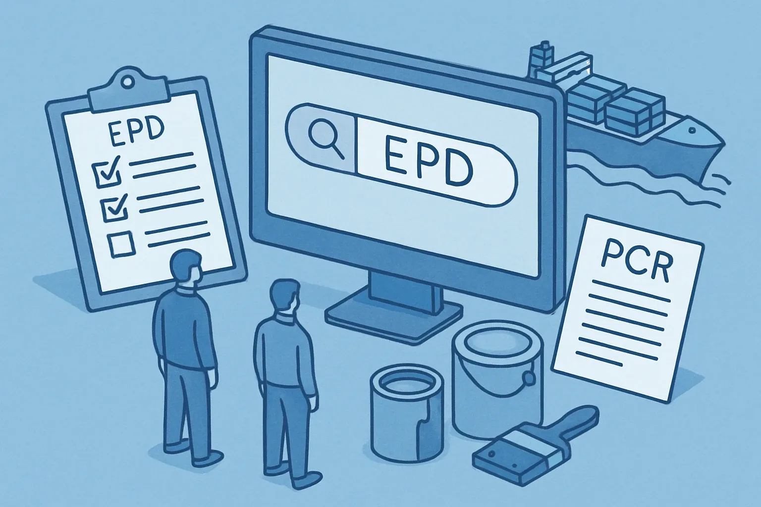 Generate an illustration for an article following this concept:

Marine coatings industry‑wide EPD: does one exist?
Searching for an industry‑wide EPD for marine coatings, sometimes called a sector average EPD? Here’s the straight answer, how marine and protective coatings are handled today, the PCRs you can use, and why a product‑specific EPD usually wins the spec game.

Ensure that you use no text, as this illustration will be used on international translations of the article..

Use an illustrative style (e.g. isometic) and don't generate in a photorealistic style.