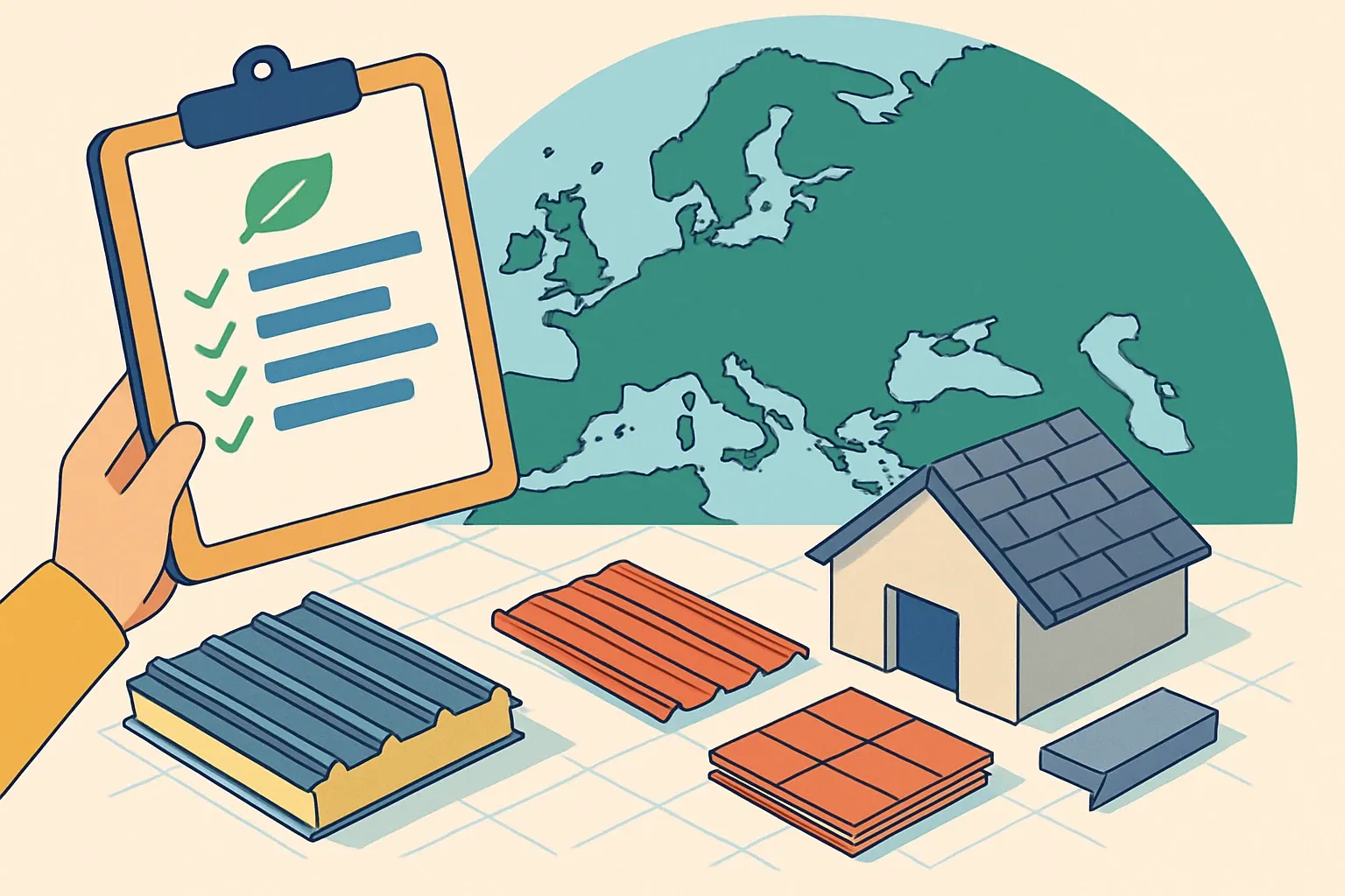 Generate an illustration for an article following this concept:

EPDs for Roof Panels in Europe: The Data Guide
Planning a roof panel EPD in 2026? Here is the European landscape in one place, built for product managers and technical leads at metal and composite panel makers. We include insulated metal panels, sandwich panels, profiled metal roof sheets, and roofing accessories that show up in specs as roof panels. Use this to benchmark against competitors, pick a PCR with confidence, and time renewals before they bite.

Ensure that you use no text, as this illustration will be used on international translations of the article..

Use an illustrative style (e.g. isometic) and don't generate in a photorealistic style.