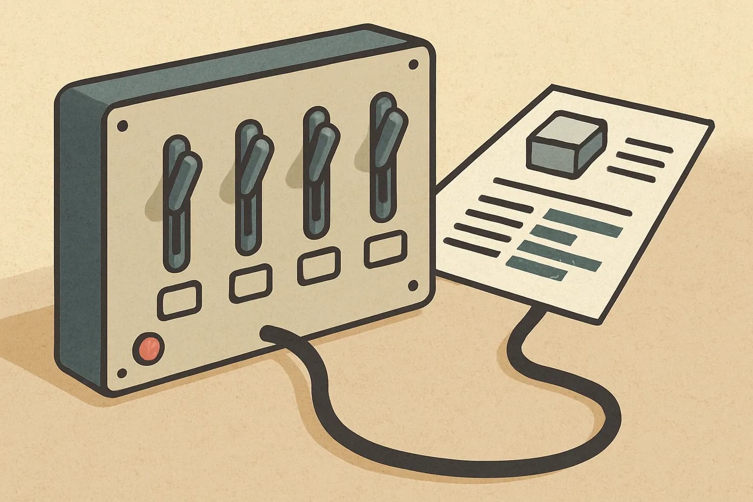 A simple control panel with four labeled switches representing the four ecoinvent system models and a cable leading to a product EPD sheet.