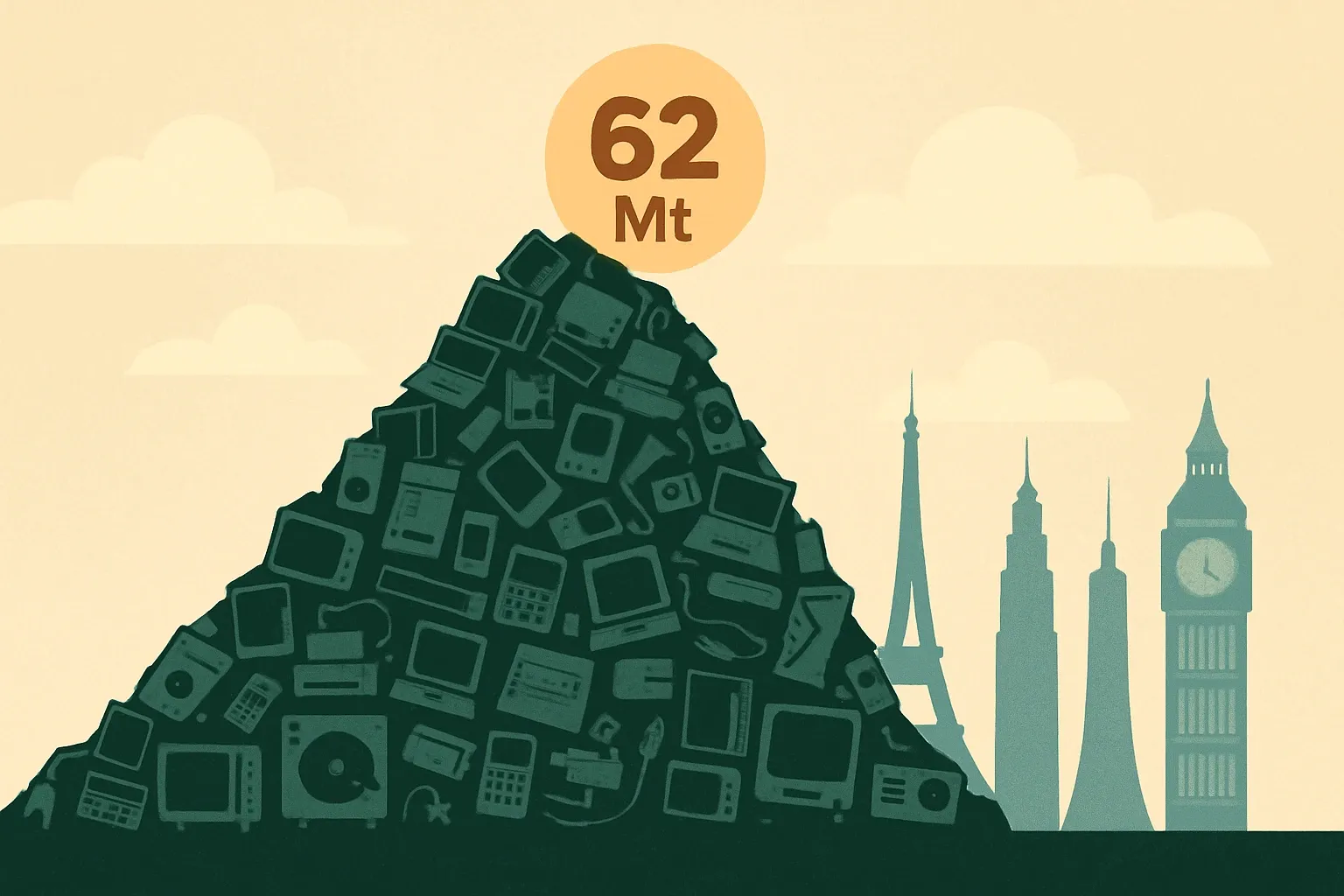 Silhouettes of discarded electronics forming a mountain the height of famous landmarks, annotated with the 62 Mt figure for 2022.