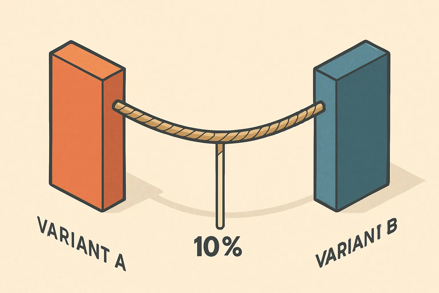 Two nearly equal bars labeled Variant A and Variant B pull on opposite ends of a rope representing the 10 percent threshold, visualising impact spread.