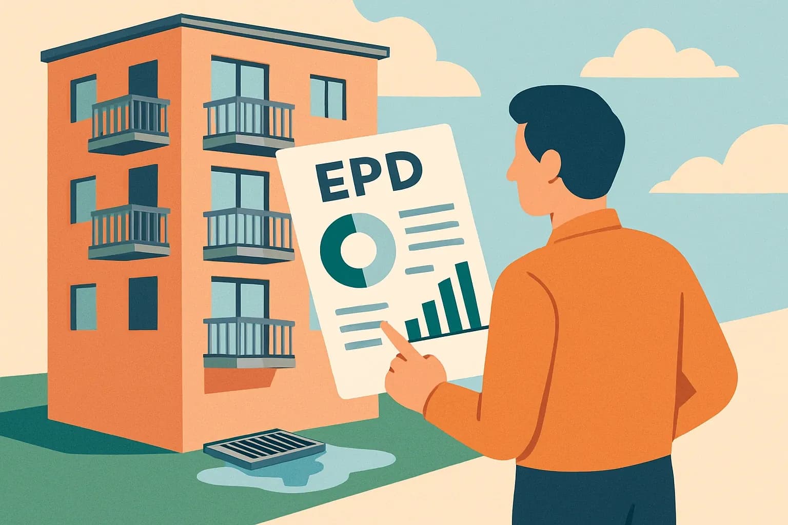 Generate an illustration for an article following this concept:

Bravo, Kouruset’s first EPDs are live
Balcony drainage rarely gets the spotlight, yet it makes or breaks multifamily performance on day one. Kouruset just put hard numbers behind that work. Their first set of Environmental Product Declarations gives specifiers product‑specific data where generic assumptions once crept in and nudged substitutions.

Ensure that you use no text, as this illustration will be used on international translations of the article..

Use an illustrative style (e.g. isometic) and don't generate in a photorealistic style.