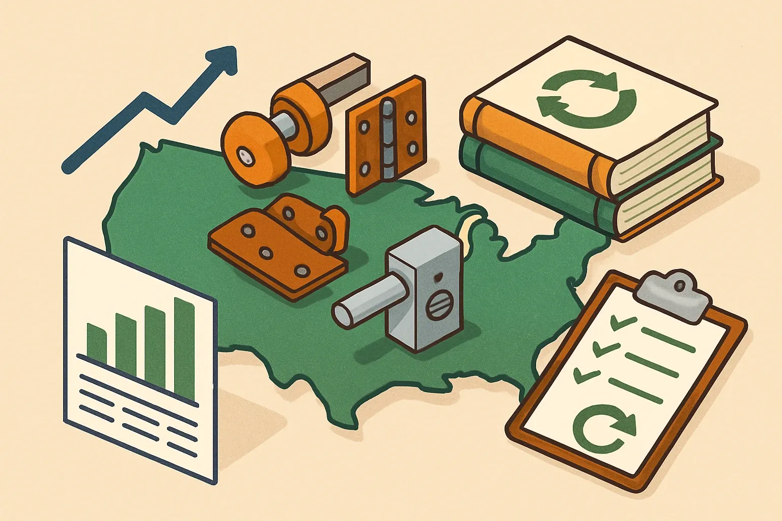 Generate an illustration for an article following this concept:

EPDs for Door Hardware in the United States
Here is the 2026, data-backed state of Environmental Product Declarations for door hardware in the United States. If you make builders hardware or architectural door hardware like locks, hinges, closers, strikes, or operators, this guide stacks the numbers, the rulebooks, and the renewal timing so you can plan your next EPD with confidence.

Ensure that you use no text, as this illustration will be used on international translations of the article..

Use an illustrative style (e.g. isometic) and don't generate in a photorealistic style.