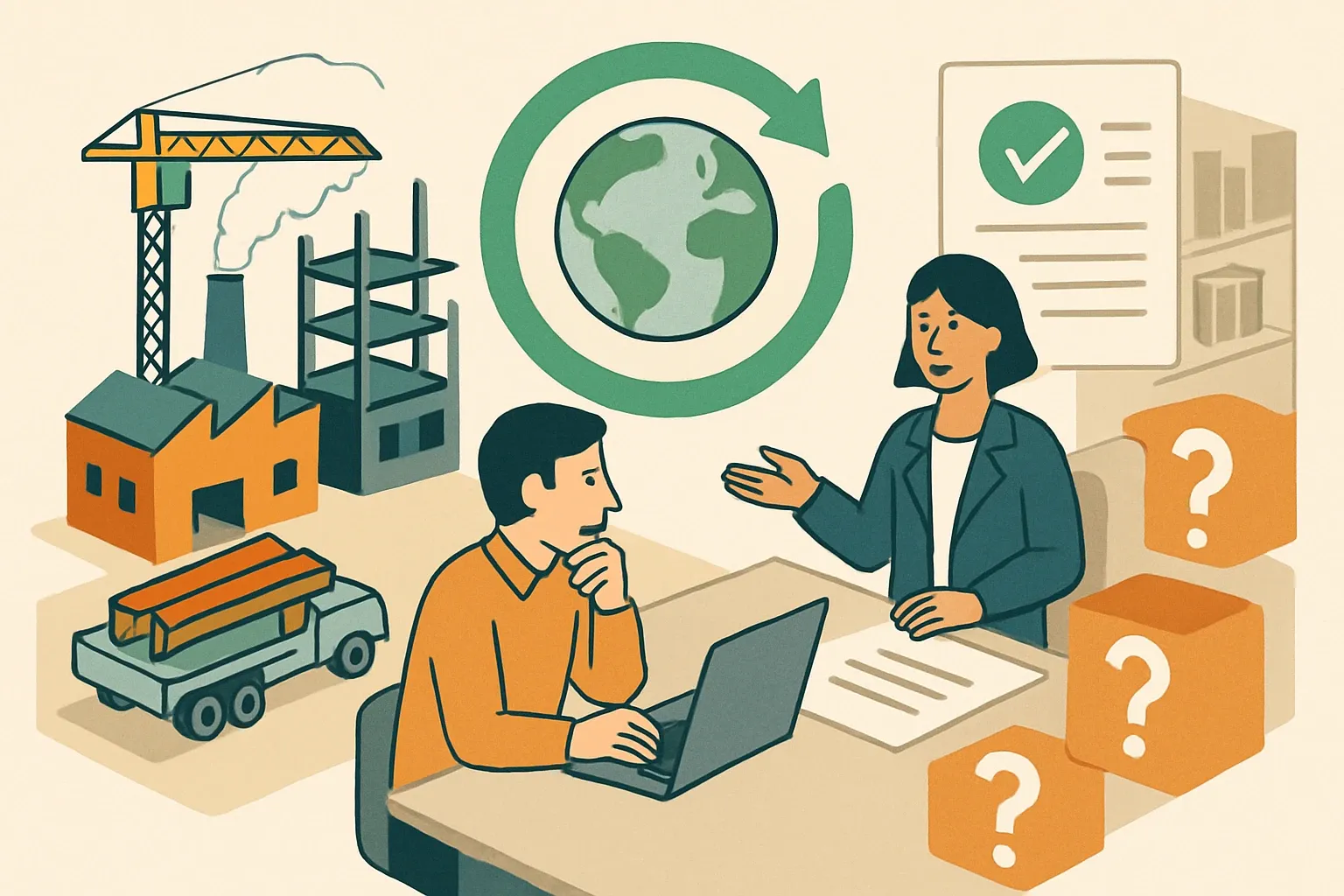 Generate an illustration for an article following this concept:

Kimen’s LCA and EPD services at a glance
Manufacturers in construction and industrial metals are feeling the squeeze to document impacts without slowing production. Here is what Kimen offers around life cycle assessment and environmental product declarations, what the experience typically looks like with a traditional consultancy, and the practical questions to ask before you commit.

Ensure that you use no text, as this illustration will be used on international translations of the article..

Use an illustrative style (e.g. isometic) and don't generate in a photorealistic style.