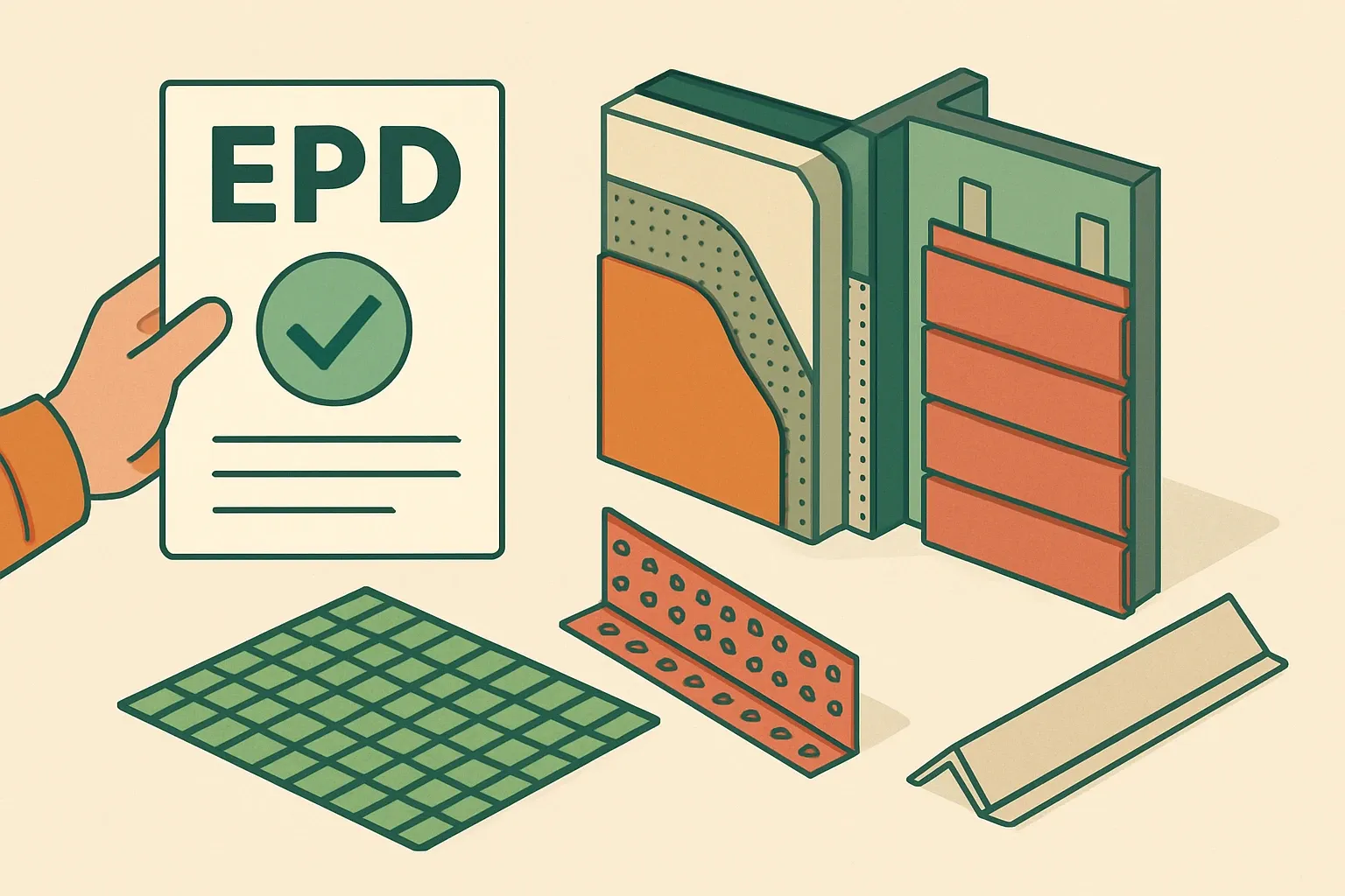 Generate an illustration for an article following this concept:

AMICO Building Products: EPD coverage at a glance
AMICO is a familiar name on stucco jobsites and rainscreen details. The question specifiers ask more often in 2025 is simple, though not always easy to answer fast: which of these products come with product‑specific EPDs that help a project hit its materials targets without friction?

Ensure that you use no text, as this illustration will be used on international translations of the article..

Use an illustrative style (e.g. isometic) and don't generate in a photorealistic style.