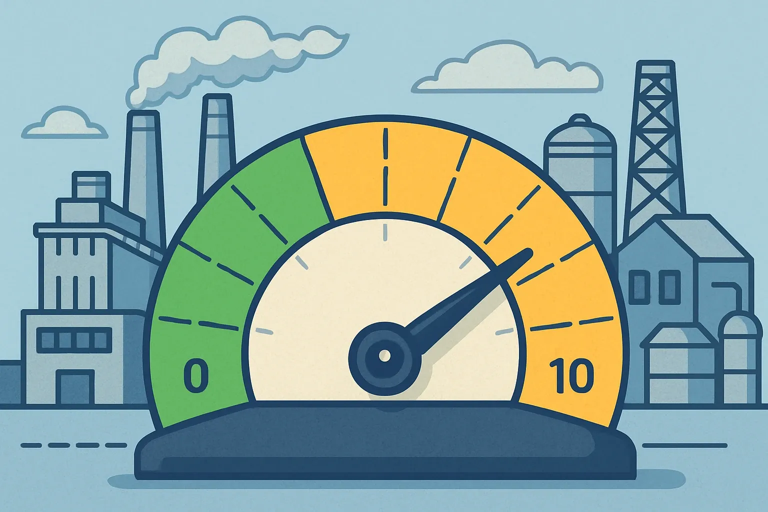 A factory dashboard with a gauge showing data age from 0 to 10 years, highlighting under 5 years in green for primary data and up to 10 years in yellow for background.