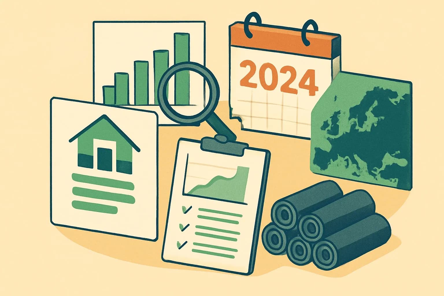 Generate an illustration for an article following this concept:

EPDs for Bituminous Roofing in Europe
Planning an EPD in 2026 for bitumen roofing, modified bitumen membranes, or asphalt-based roof systems in Europe? Here is the entire market on one page, so you can benchmark peers, pick the right program operator and PCR, and time renewals with confidence. Data reflects the public registry most specifiers use and the last five calendar years.

Ensure that you use no text, as this illustration will be used on international translations of the article..

Use an illustrative style (e.g. isometic) and don't generate in a photorealistic style.