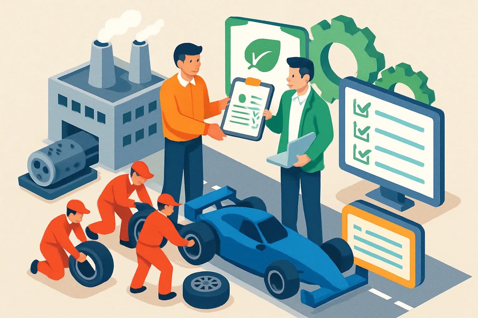 Generate an illustration for an article following this concept:

EPD Consulting Services, Explained for Manufacturers
If your products win or lose specs on documentation, EPD consulting services are the pit crew you hire to turn a complex, rules‑bound process into a repeatable sprint. The right partner handles the data chase inside your plants, keeps verification moving, and publishes with the operator your market trusts so sales does not stall.

Ensure that you use no text, as this illustration will be used on international translations of the article..

Use an illustrative style (e.g. isometic) and don't generate in a photorealistic style.