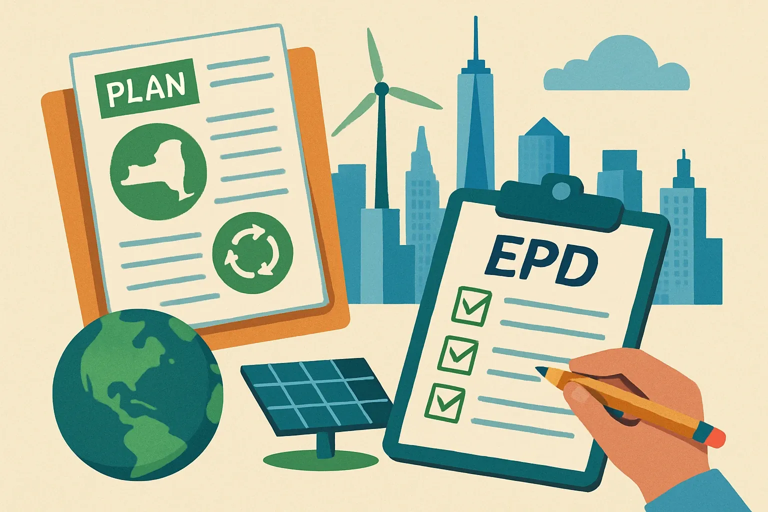 Generate an illustration for an article following this concept:

New York’s Climate Scoping Plan, EPDs, and Your Spec
New York’s Climate Action Council Scoping Plan turns climate goals into procurement rules that now touch material submittals. If your products land on state jobs, your EPD playbook just became a revenue play, not an ESG footnote.

Ensure that you use no text, as this illustration will be used on international translations of the article..

Use an illustrative style (e.g. isometic) and don't generate in a photorealistic style.