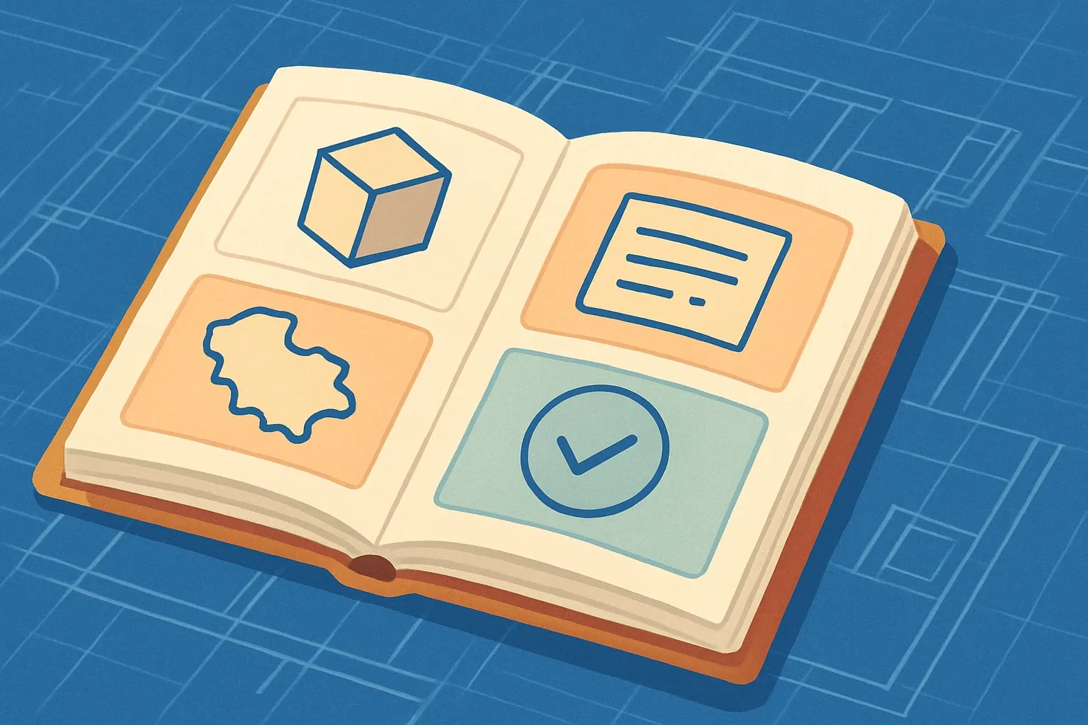 An open rulebook overlaid on a building blueprint, with icons for unit, boundary, data, and verification arranged like components in a recipe card.