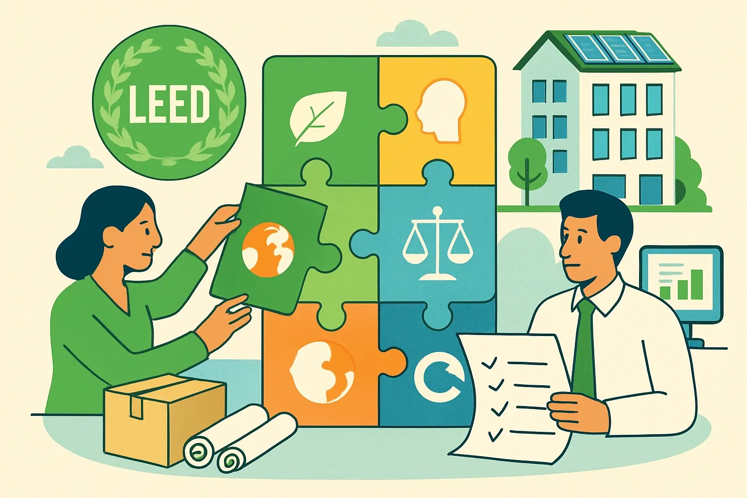 Generate an illustration for an article following this concept:

LEED v5’s Building Product Selection & Procurement, explained
LEED v5 folds once‑separate materials credits into one multi‑attribute framework that changes how products compete for specs. Instead of chasing isolated checkboxes, teams now assemble proof across climate, human health, ecosystems, equity, and circularity. For manufacturers, that means tighter coordination between sustainability, product, procurement, and marketing, and sales materials that present a single, credible story. Starting July 1, 2026, new commercial BD+C, ID+C, and O+M registrations must use LEED v5, so positioning now affects near‑term revenue (USGBC Help Center, 2026).

Ensure that you use no text, as this illustration will be used on international translations of the article..

Use an illustrative style (e.g. isometic) and don't generate in a photorealistic style.