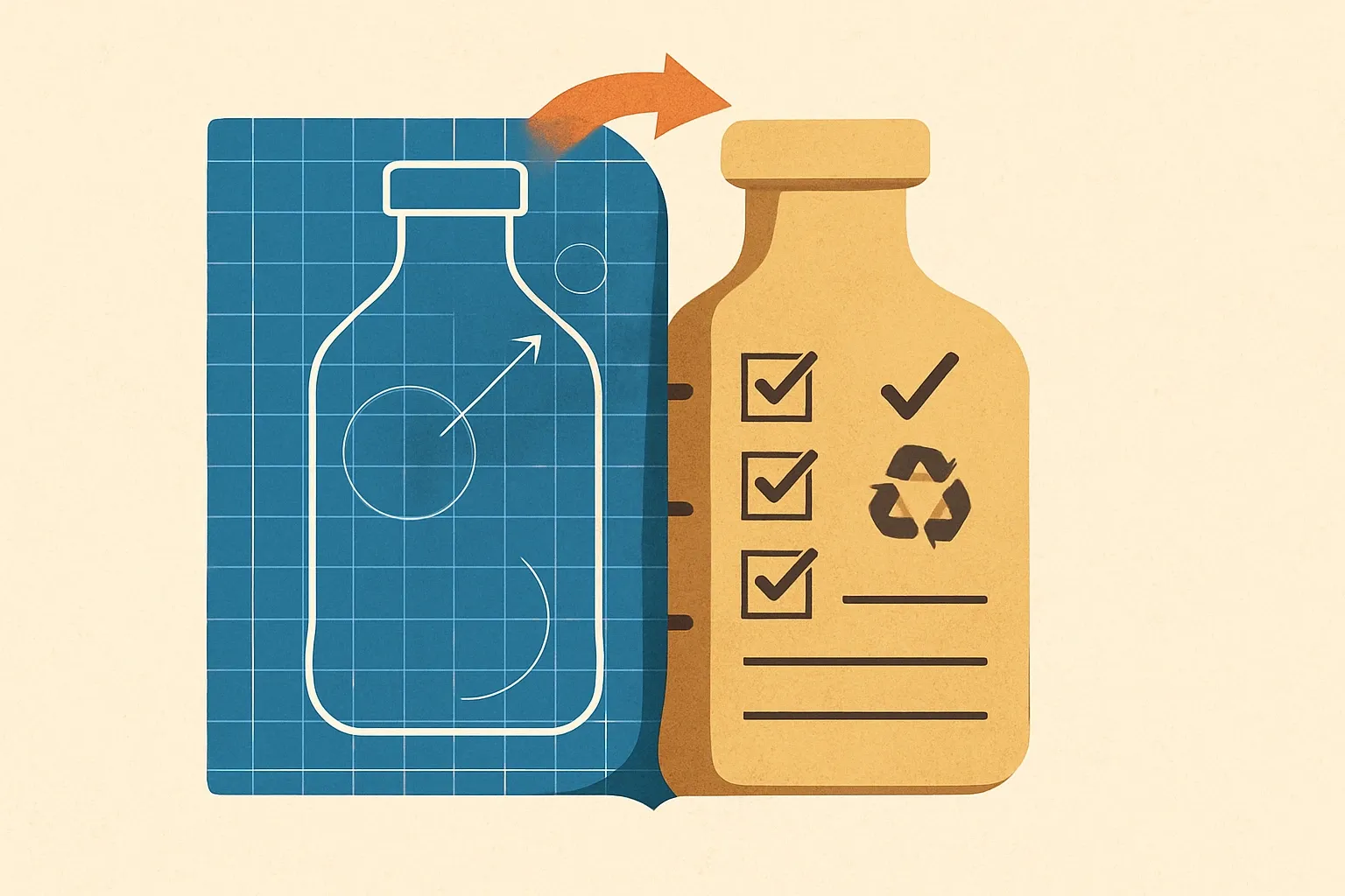 A product silhouette split into two halves, left side a generic blueprint grid, right side a stamped rulebook with checkmarks for durability, recyclability, and data fields, showing the shift from framework to delegated acts.