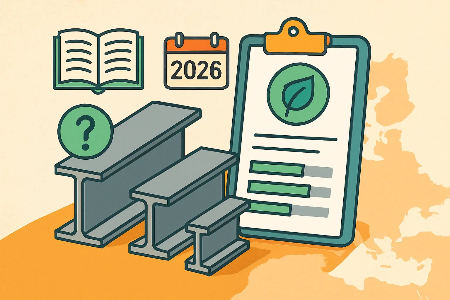 Generate an illustration for an article following this concept:

Hot Rolled Sections EPDs in Europe, the ultimate guide
Hot‑rolled sections, structural steel sections, universal beams, H‑ and I‑beams. If you make or sell them in Europe, this 2026 snapshot shows the real EPD landscape so you can plan renewals, pick the right PCR, and avoid blind spots when tenders ask for product‑specific declarations.

Ensure that you use no text, as this illustration will be used on international translations of the article..

Use an illustrative style (e.g. isometic) and don't generate in a photorealistic style.