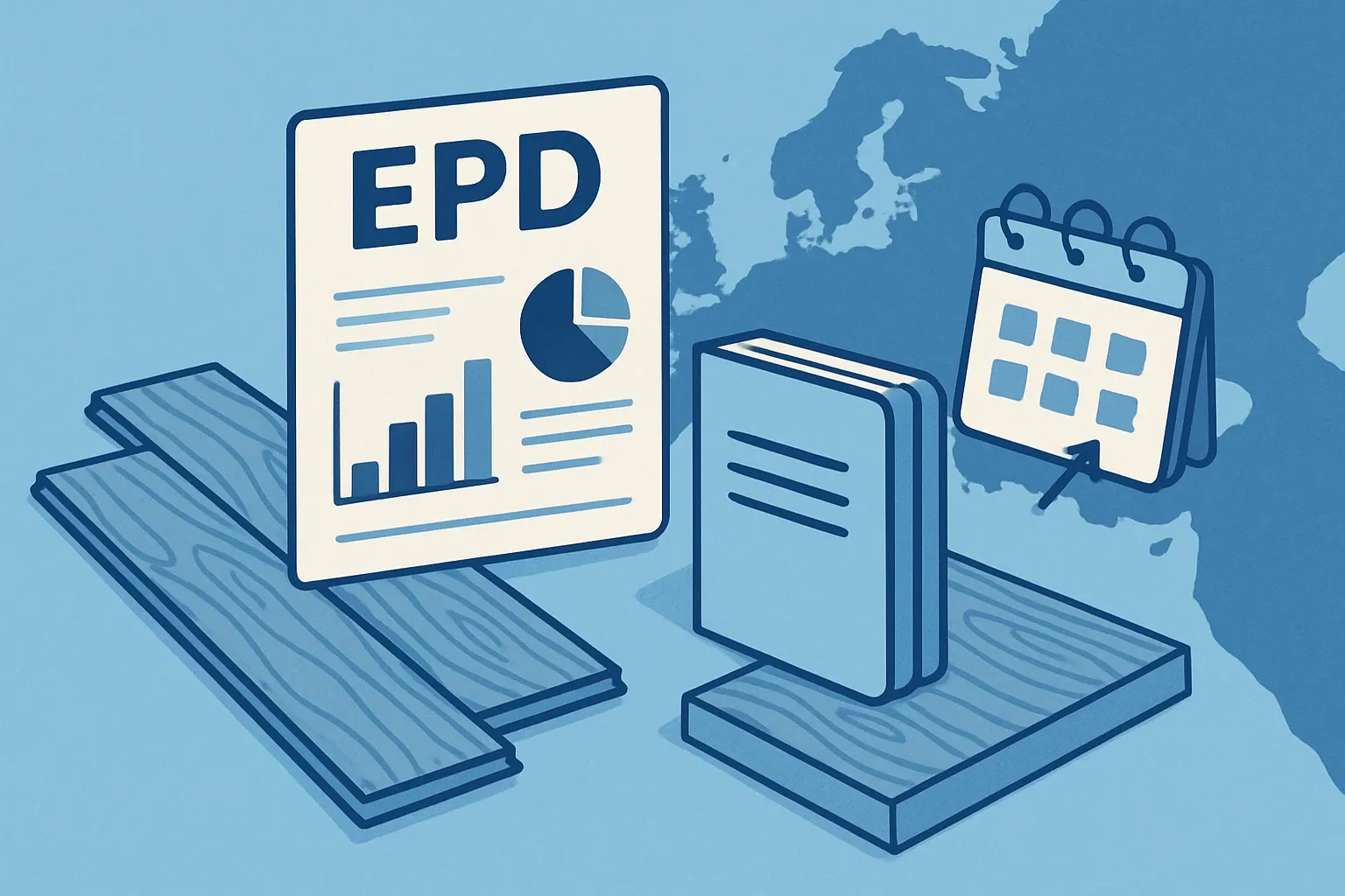 Generate an illustration for an article following this concept:

EPDs for Laminate in Europe, the ultimate data guide
Here is the no‑nonsense, 2026 view of laminate EPDs in Europe. We cover laminate flooring and high‑pressure laminate panels, who is publishing, which program operators and PCRs dominate, and when renewals will hit. If you are planning a declaration this year, this gives you the playbook and the calendar.

Ensure that you use no text, as this illustration will be used on international translations of the article..

Use an illustrative style (e.g. isometic) and don't generate in a photorealistic style.