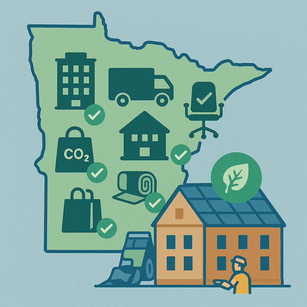 Minnesota map filled with procurement-related icons (buildings, vehicles, office supplies) overlaid with green checkmarks or carbon symbols