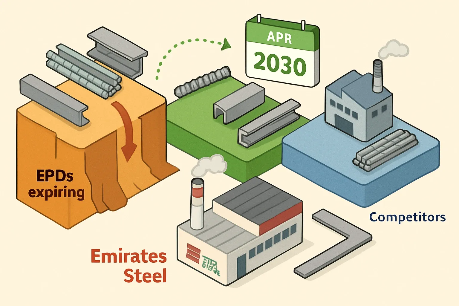 Generate an illustration for an article following this concept:

Emirates Steel’s January 2027 EPD cliff, decoded
Six Emirates Steel Industries Co. PJSC EPDs are set to expire in January 2027, which could disrupt bids if a project team insists on current declarations. The good news for specifiers is that many core long‑product families from the same manufacturer already have newer EPDs running to late 2029 or April 2030, so the practical risk is narrower than it first looks. Below we map what is expiring, where replacements exist, and which competitor EPDs will likely be picked if a gap remains for a given product line.

Ensure that you use no text, as this illustration will be used on international translations of the article..

Use an illustrative style (e.g. isometic) and don't generate in a photorealistic style.