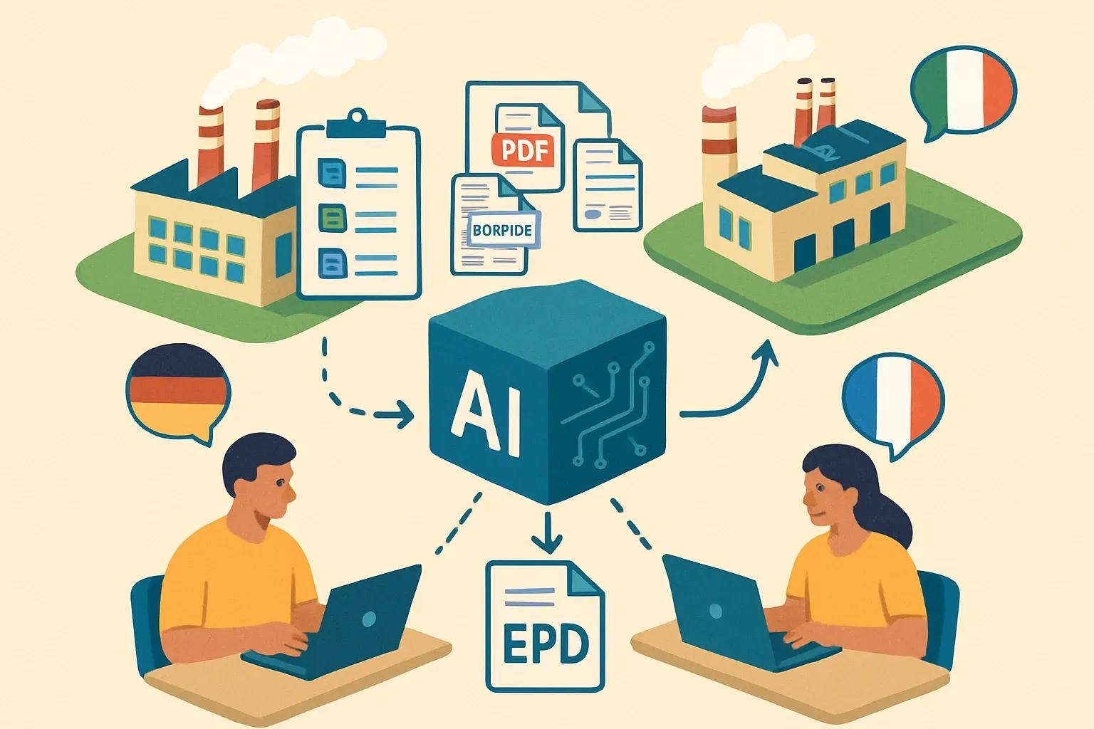 Generate an illustration for an article following this concept:

Multilingual EPD Data, Organized with AI for Cross Border Plants
Plants in different countries. Teams speaking different languages. Documents in procurement folders that mix PDFs, invoices, and lab sheets. EPDs can stall here. The fix is not brute force. It is clear ownership for each data pillar, a plan that respects plant calendars, and smart AI that translates, extracts, and standardizes without dragging local teams into extra shifts.

Ensure that you use no text, as this illustration will be used on international translations of the article..

Use an illustrative style (e.g. isometic) and don't generate in a photorealistic style.
