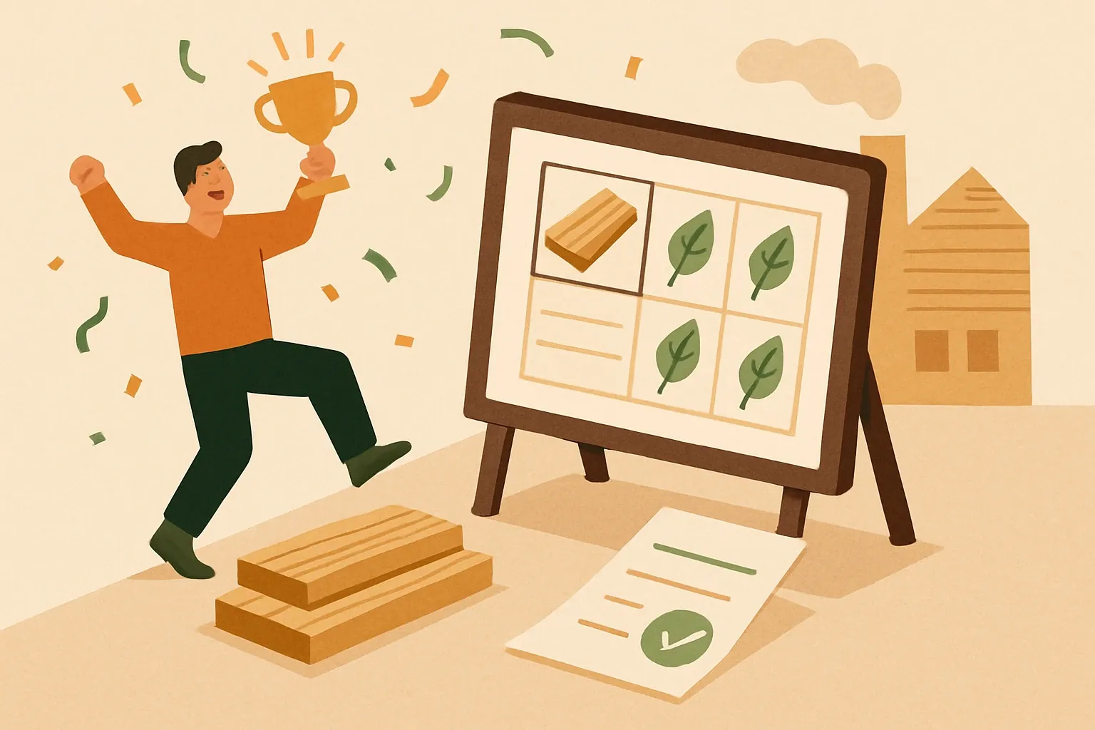 Generate an illustration for an article following this concept:

Congrats, Karava — first EPDs are live
New name on the EPD scoreboard. Karava, the Finnish wood specialist known for sauna panels and thermo‑pine cladding, has published its first Environmental Product Declaration. That move turns quiet craftsmanship into spec‑ready documentation and opens more doors when bids ask for product‑specific, third‑party verified data.

Ensure that you use no text, as this illustration will be used on international translations of the article..

Use an illustrative style (e.g. isometic) and don't generate in a photorealistic style.