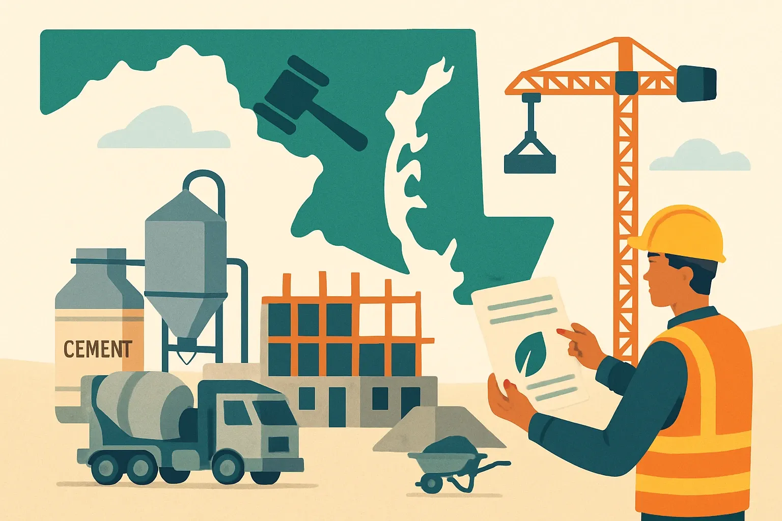Generate an illustration for an article following this concept:

Buy Clean Maryland Act, explained for manufacturers
Maryland is turning embodied carbon from a talking point into a bid requirement. If you sell cement or concrete into state‑funded projects, an EPD is no longer a nice‑to‑have. Here is what changes for specs, schedules, and submittals in 2026, and how to stay in the shortlist rather than watching awards from the sidelines.

Ensure that you use no text, as this illustration will be used on international translations of the article..

Use an illustrative style (e.g. isometic) and don't generate in a photorealistic style.