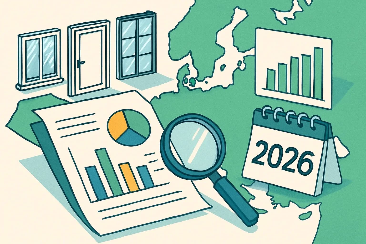 Generate an illustration for an article following this concept:

EPDs for Openings in Europe: the ultimate data guide
Planning an Environmental Product Declaration for windows, doors, curtain wall, skylights, or door hardware in Europe? Here is the definitive, data-first look at the Openings category for 2026 so you can benchmark competitors, pick the right rulebook, and time renewals without guesswork.

Ensure that you use no text, as this illustration will be used on international translations of the article..

Use an illustrative style (e.g. isometic) and don't generate in a photorealistic style.