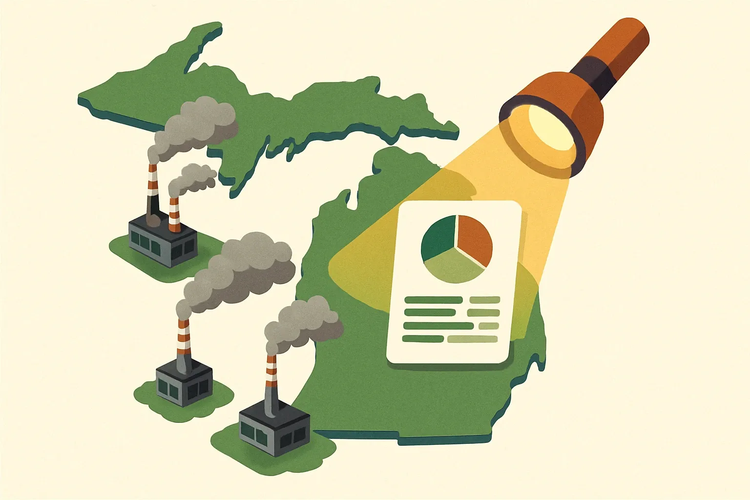 A Michigan map with icons of factories emitting grey clouds; a spotlight reveals EPD data replacing clouds above one factory.