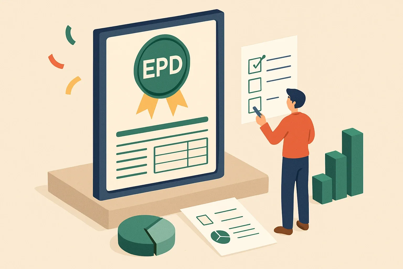 Generate an illustration for an article following this concept:

Congrats, Comany: first‑ever EPDs go live
Fresh on the board. Comany just entered the transparency arena with a first wave of Environmental Product Declarations that speak the language of specs. If partitions are your world, this changes bid math in a very practical way.

Ensure that you use no text, as this illustration will be used on international translations of the article..

Use an illustrative style (e.g. isometic) and don't generate in a photorealistic style.