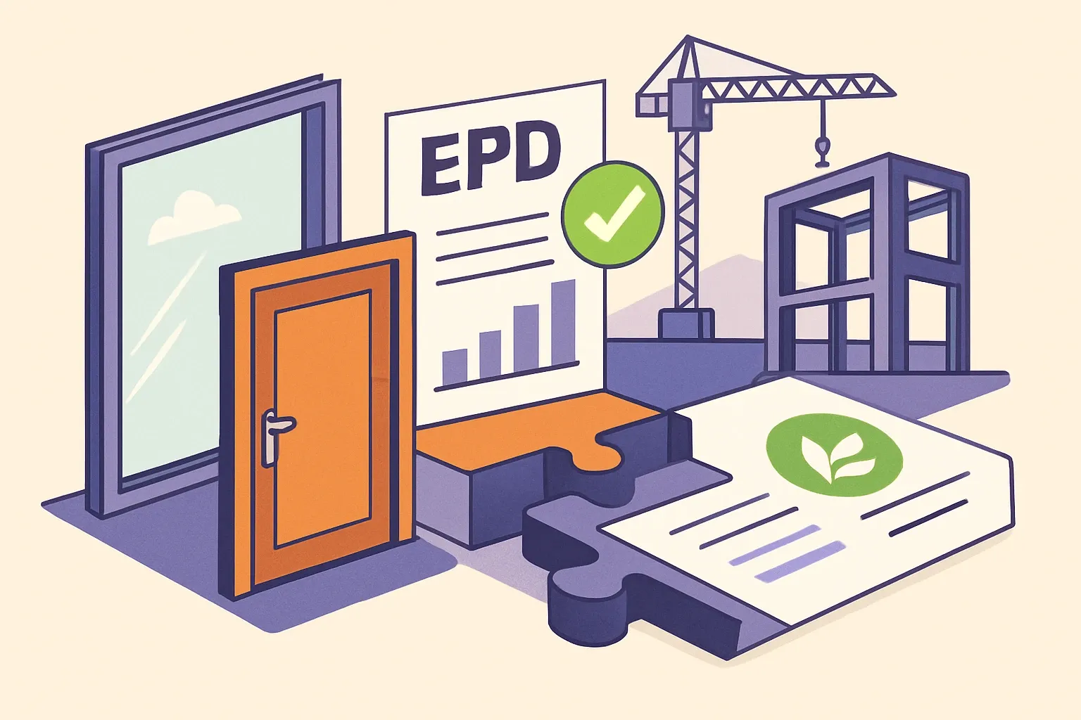 Generate an illustration for an article following this concept:

TOSTEM at a glance: products, EPDs, gaps
TOSTEM is a LIXIL brand best known for precision‑engineered aluminum windows and entrance doors across Asia. The products look great on the page and on the jobsite. The question many specifiers now ask is simple: how much of that catalog is backed by product‑specific EPDs they can actually use on projects racing toward LEED v5 and whole‑life‑carbon targets.

Ensure that you use no text, as this illustration will be used on international translations of the article..

Use an illustrative style (e.g. isometic) and don't generate in a photorealistic style.