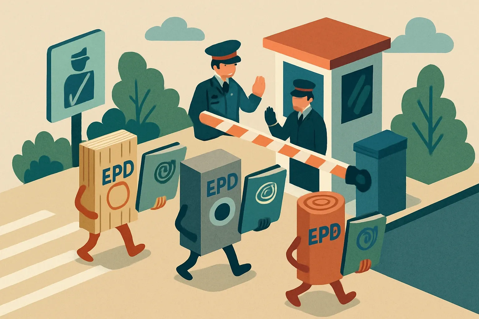 A stylized border checkpoint where construction materials present EPD “passports” stamped by different program operator logos, showing the idea of cross-border recognition.