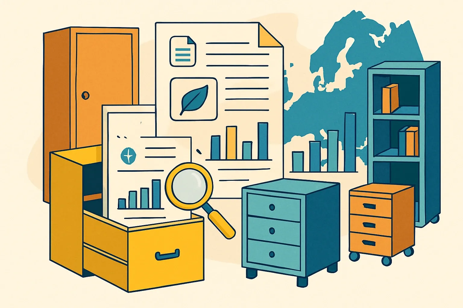Generate an illustration for an article following this concept:

EPDs for Storage Furniture in Europe, the data‑based guide
Europe’s storage furniture market is tightening its spec game in 2026. If you make cabinets, lockers, wardrobes, shelving, or mobile storage, this is the year to lock in credible EPDs that actually get you shortlisted. Below is the definitive, numbers‑first view of who is publishing, which rulebooks they follow, and where renewal cliffs are coming.

Ensure that you use no text, as this illustration will be used on international translations of the article..

Use an illustrative style (e.g. isometic) and don't generate in a photorealistic style.